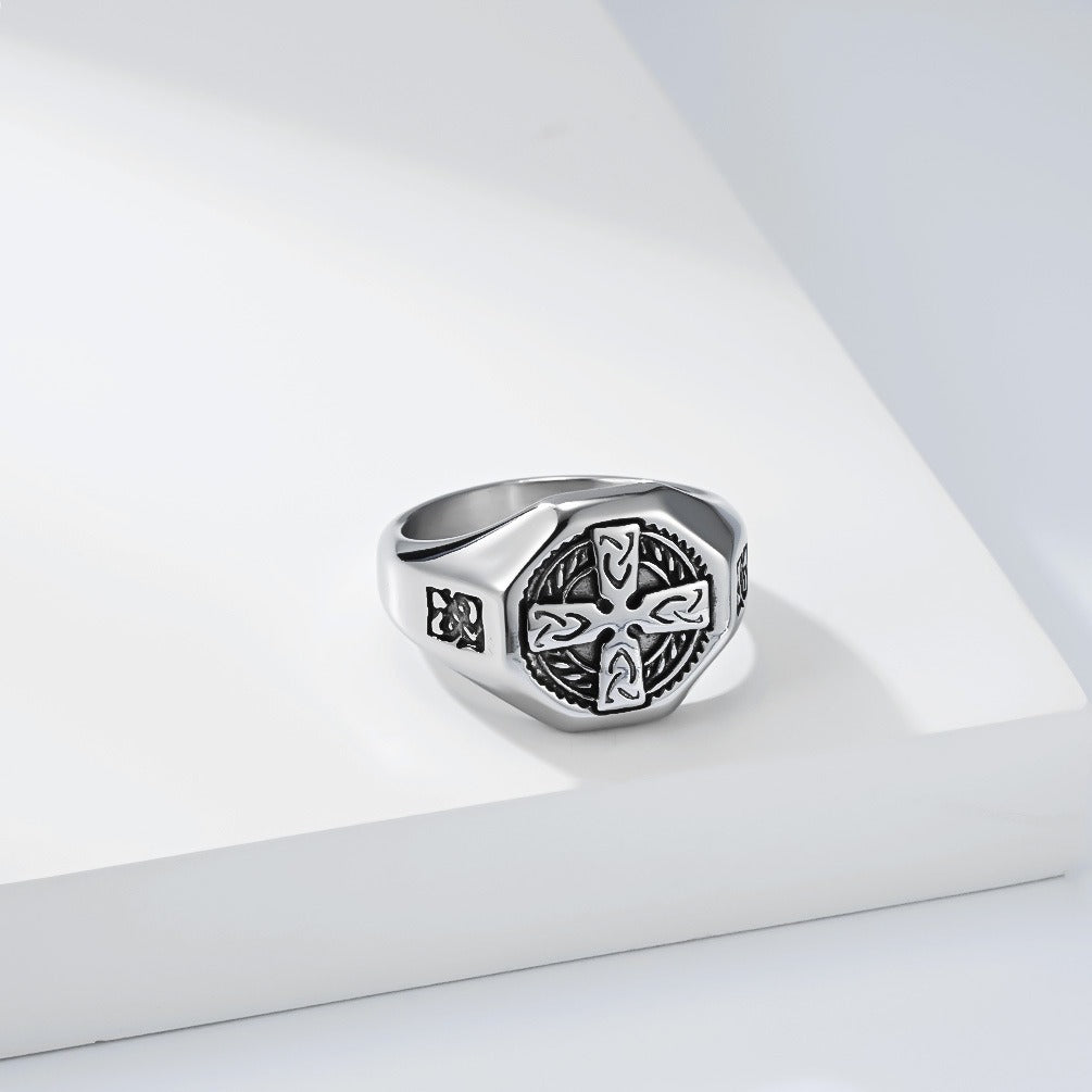 Kemstone Stainless Steel Celtic Cross Ring for Men Vintage Knot Signet Nordic Style Silver Gold Black K-R1142