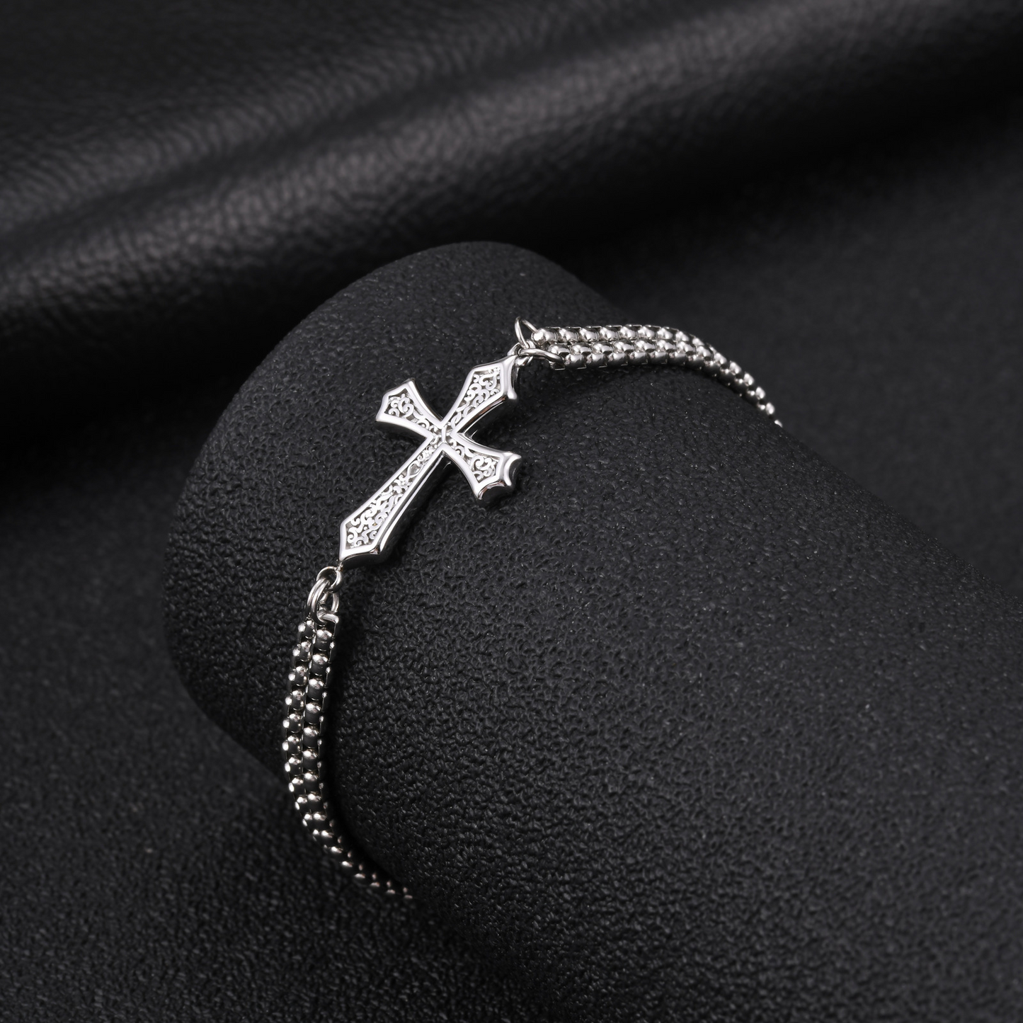 Kemstone Dual Chain Cross Bracelet for Men Stainless Steel Minimal Hip Hop Layered Wristwear BR3122