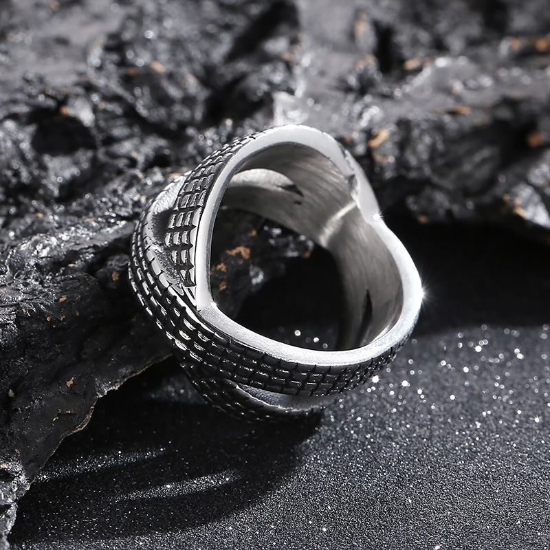 Kemstone Crossed Infinity Grid Titanium Steel Ring for Men – Vintage Oxidized Wide KR104179-BDJX