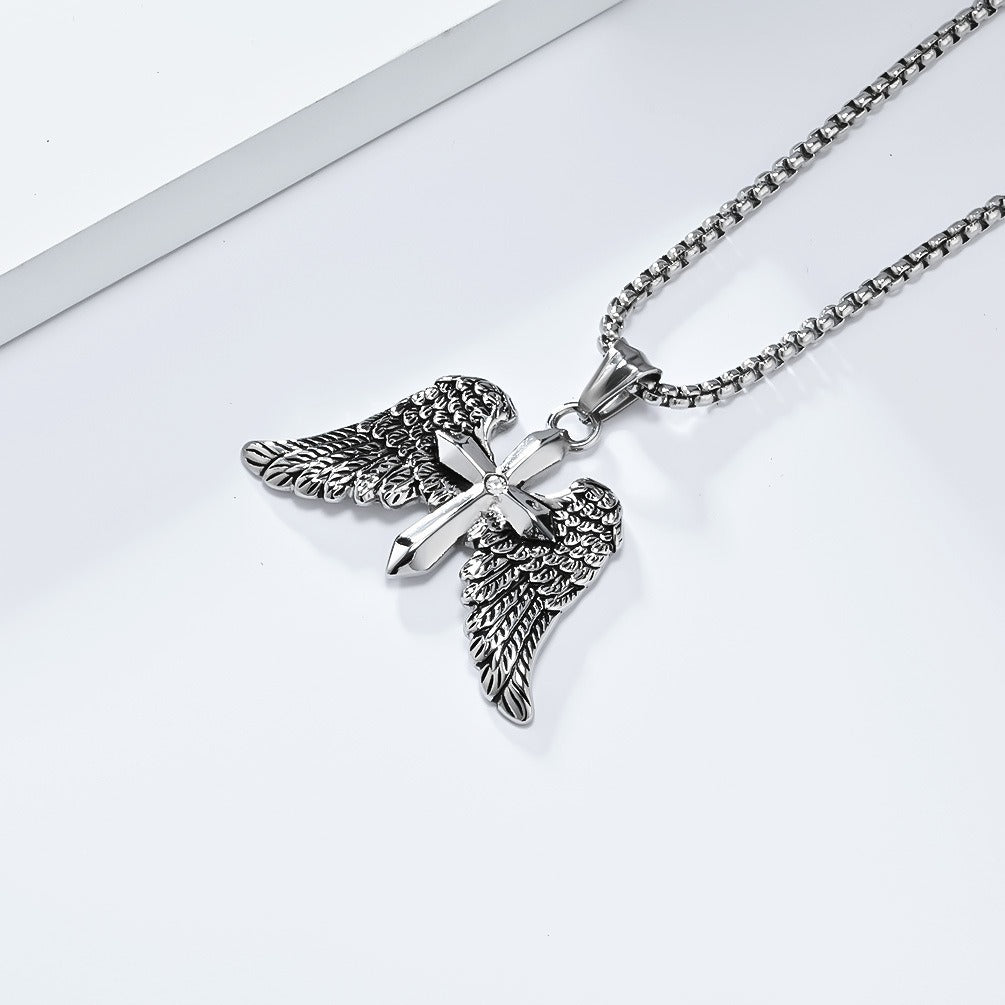Kemstone  Meta Description Winged Cross Stainless Steel Pendant Necklace for Men – Punk Hip Hop Style, Silver Gold Black  K-PT573