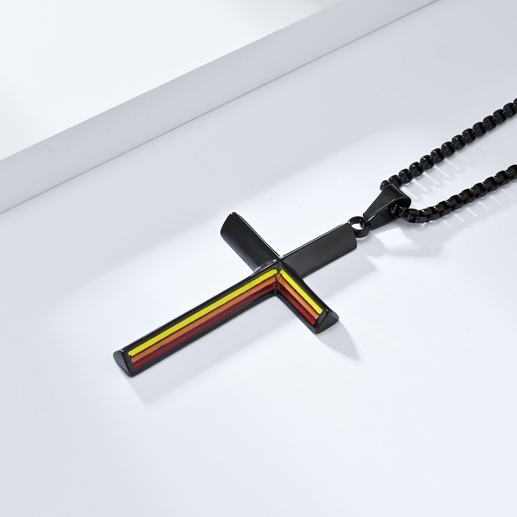 Kemstone Stainless Steel Rainbow Line Cross Pendant Necklace for Men Women K-PT524