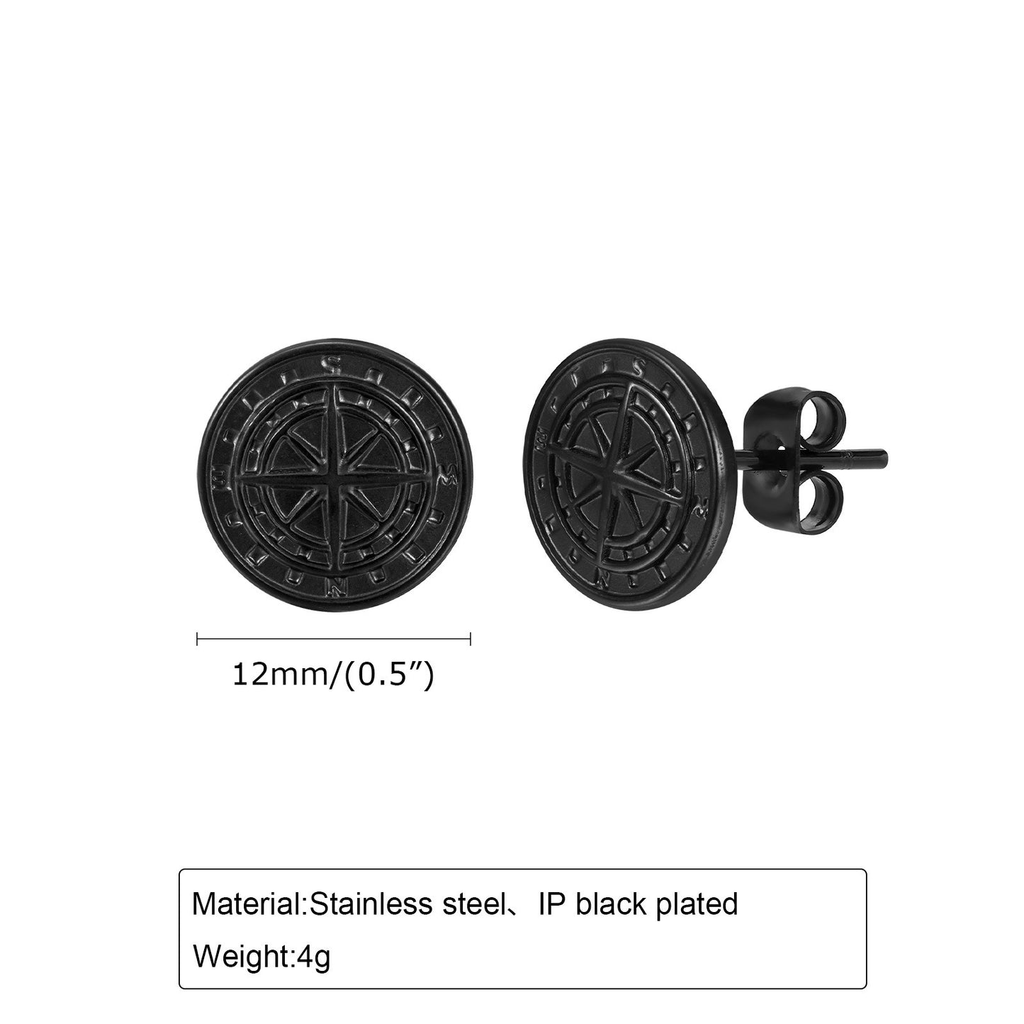 Kemstone Men’s Stainless Steel Compass Stud Earrings – Vintage Hip Hop Gold Silver Black ES-505
