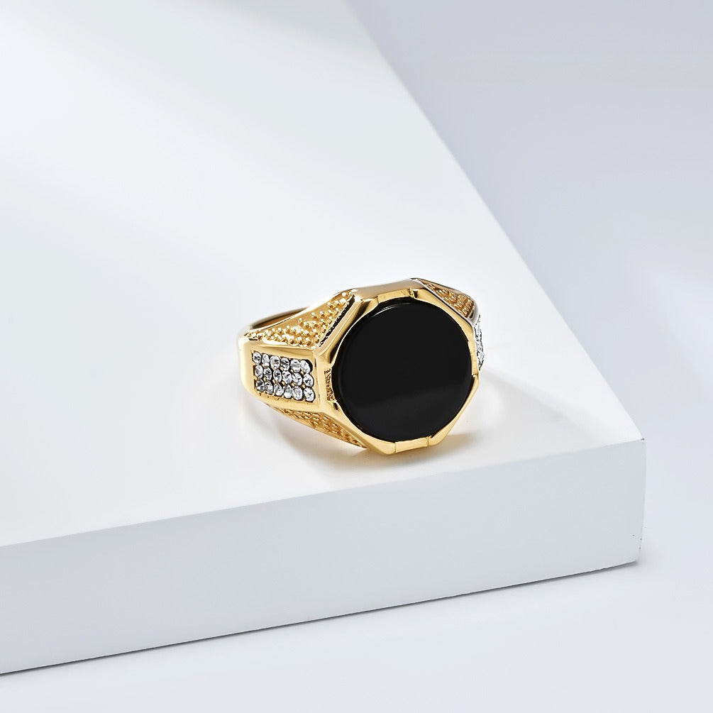 Kemstone Black Stone Ring for Men Stainless Steel Side Accents K-R986