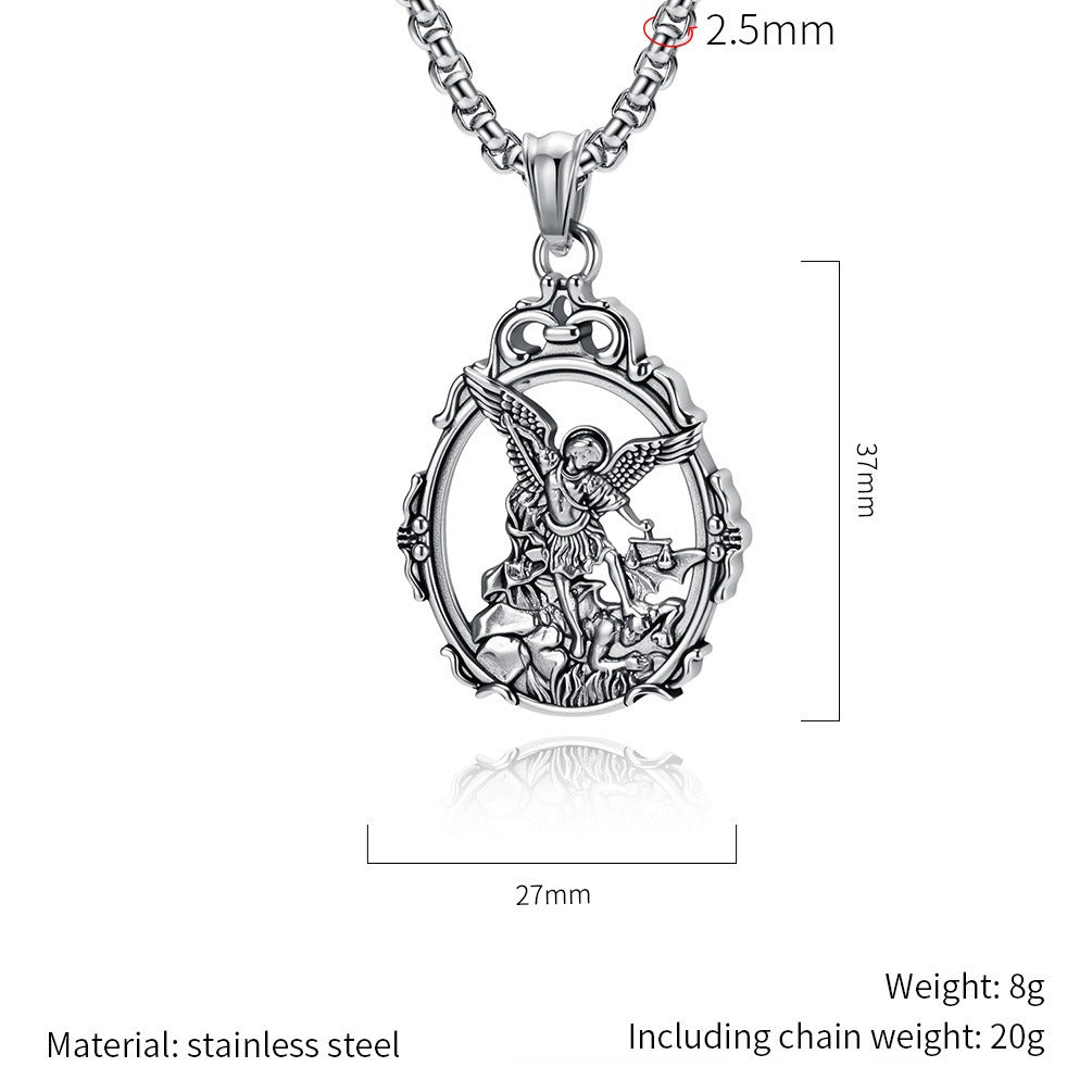 Kemstone Stainless Steel Angel Pendant Necklace for Men Vintage Relief Archangel Medallion Oval Silver Gold Black K-PT711