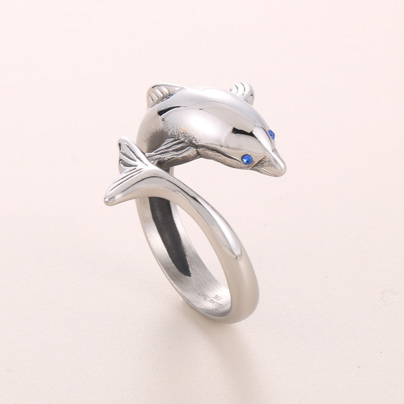 Kemstone Dolphin Ring for Men Titanium Steel Blue Eye Ocean Design KR104181-BDJX