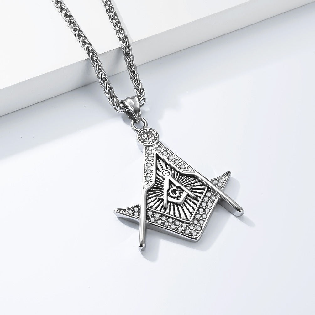 Kemstone Geometric Compass Pendant Necklace for Men Stainless Steel Stone Detail K-PT717