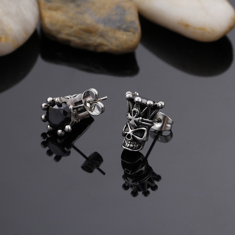 Kemstone Crowned Skull Cubic Zirconia Stud Earrings for Men – Titanium Steel Vintage Silver KE71702
