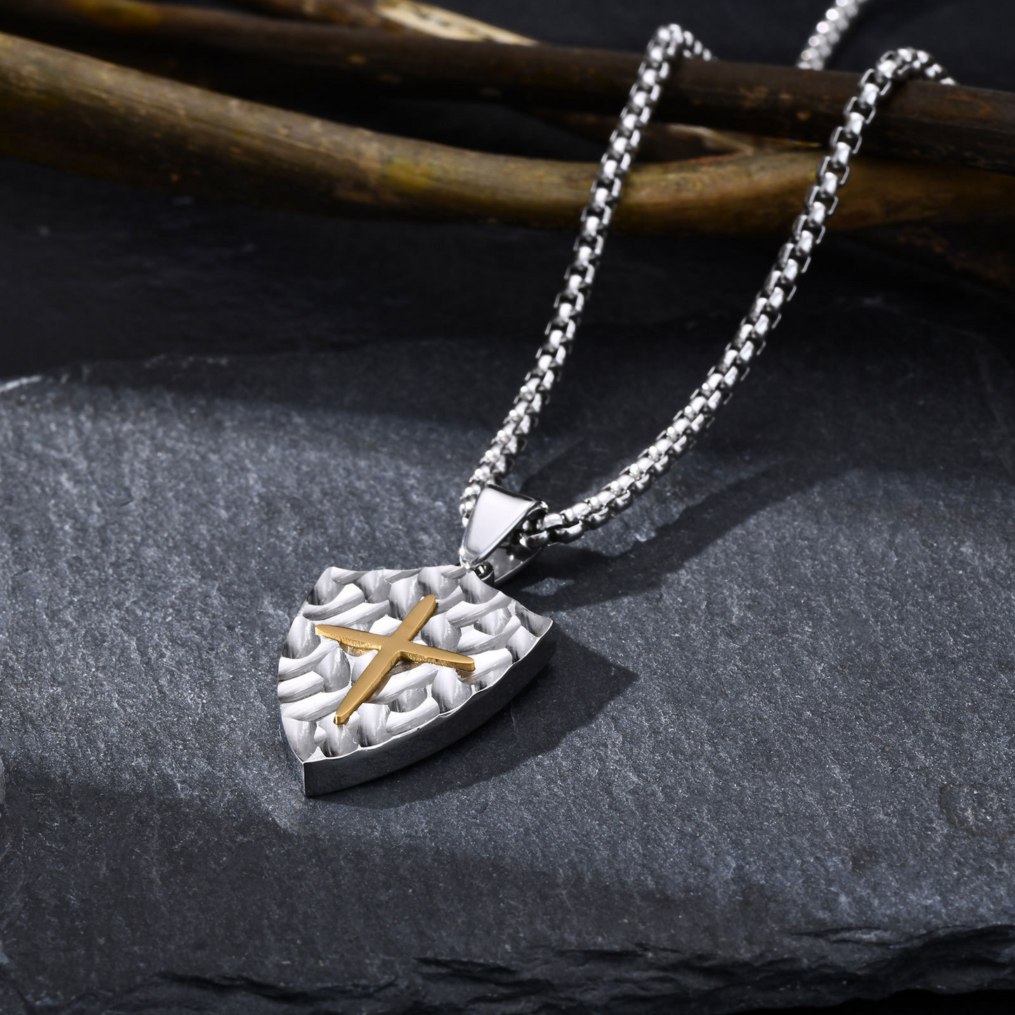 Kemstone Shield Cross Titanium Steel Pendant Necklace for Men – Brushed Relief Texture PN-2087