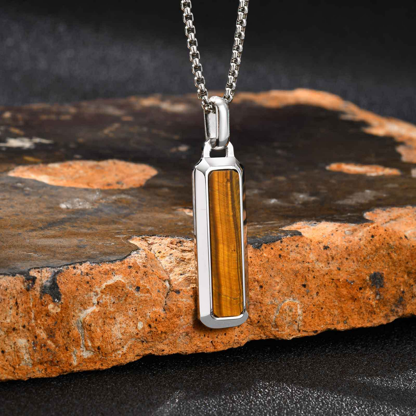 Kemstone Tiger Eye Pendant Necklace for Men – Stainless Steel Bar Necklace PN-2226