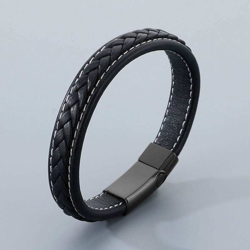 Kemstone Braided Leather Bracelet Secure Clasp Stainless Steel Flat Wristband for Men KB51333-D