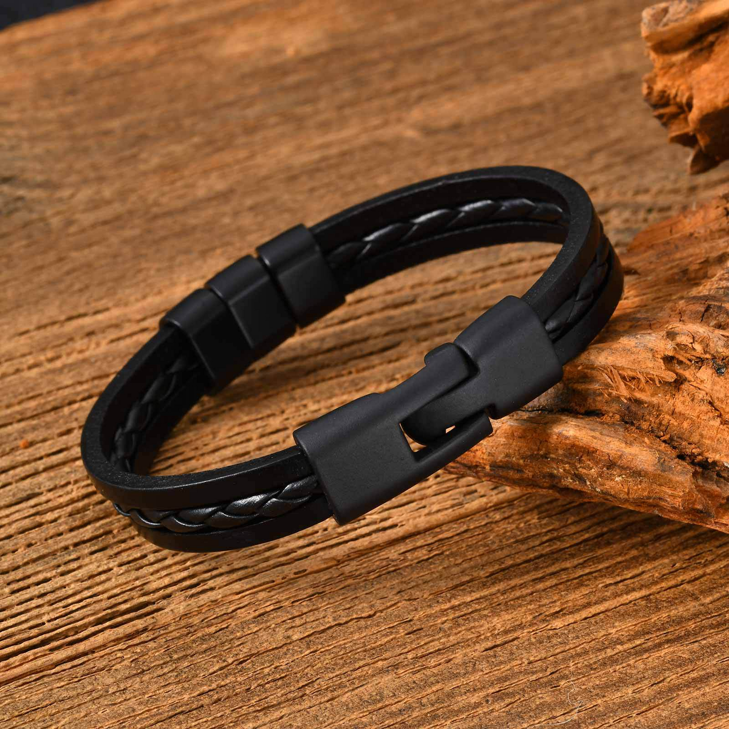 Kemstone Triple Layer PU Leather Bracelet – Black Minimal Street Style for Men BL-826