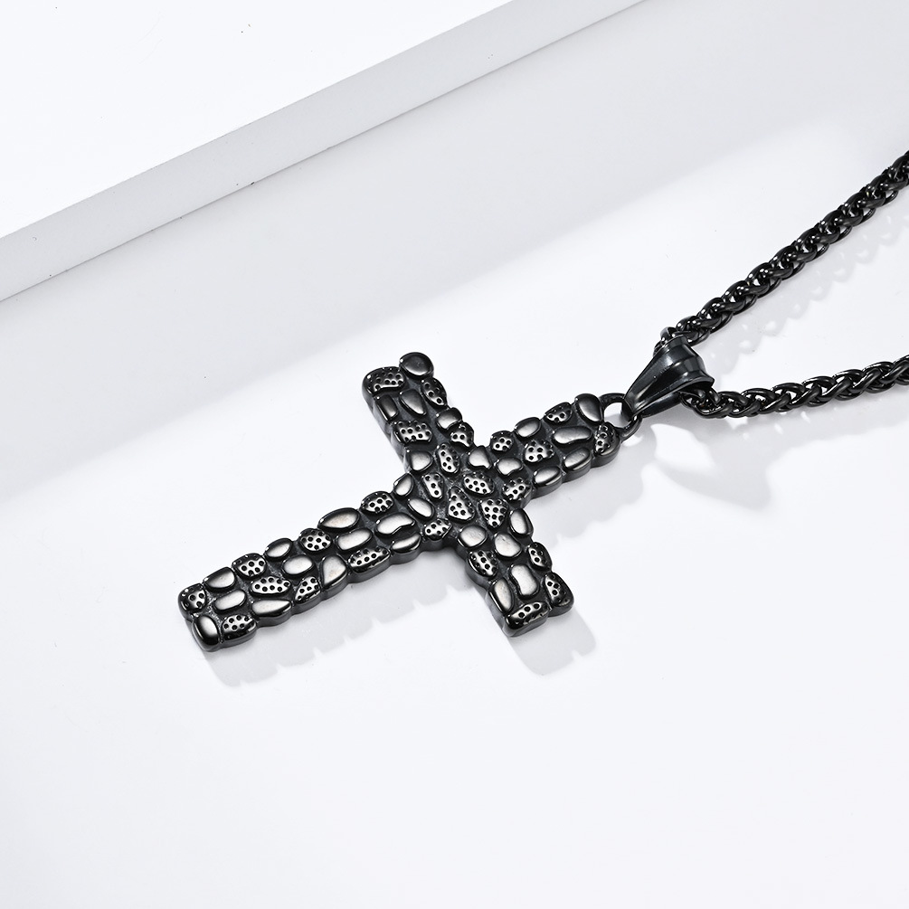 Kemstone Cross Pendant Necklace Titanium Steel Pebble Texture Chain for Men K-PT513