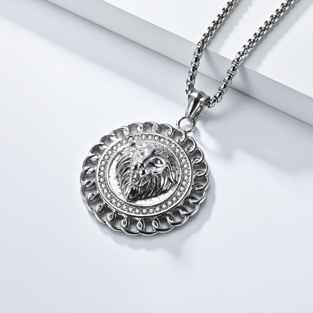 Kemstone Stainless Steel Lion Medallion Pendant Necklace for Men Gothic Vintage Animal Chain K-PT624