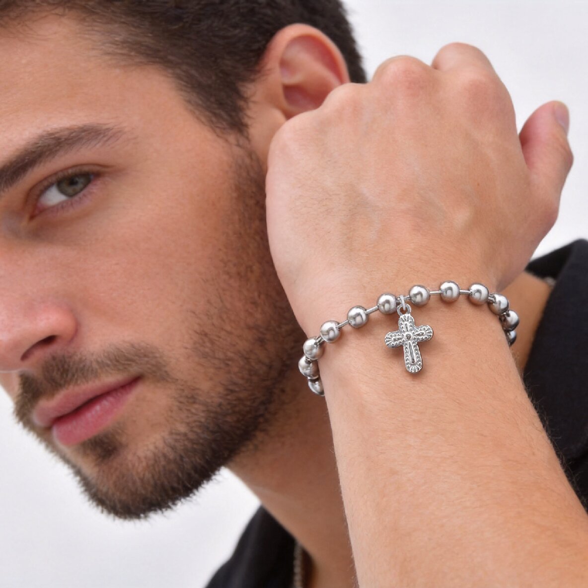Kemstone Stainless Steel Cross Beaded Bracelet for Men Women Silver BR-2943