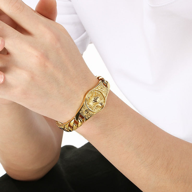 Kemstone Men’s Wolf Head Bracelet – Titanium Steel Cuban Chain 220mm KB205184-KJX