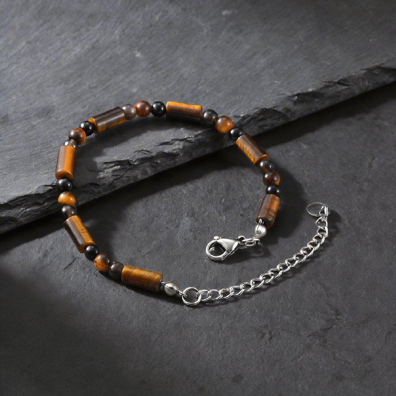 Kemstone Tiger Eye Beaded Bracelet for Men – Natural Stone Black Onyx Adjustable Chain BR-2924