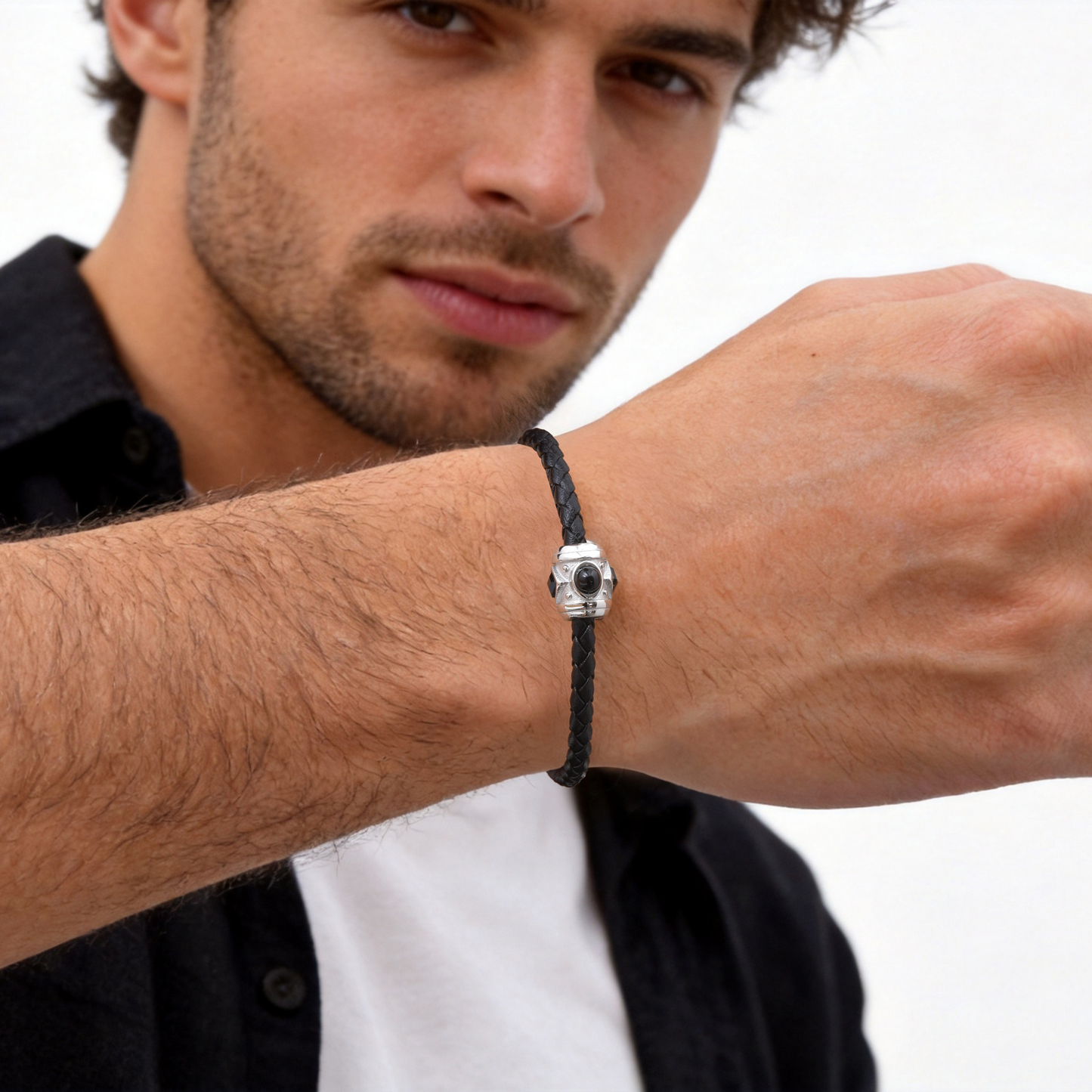 Kemstone Black Leather Bracelet for Men Stainless Steel Zirconia Agate Detail BL-812