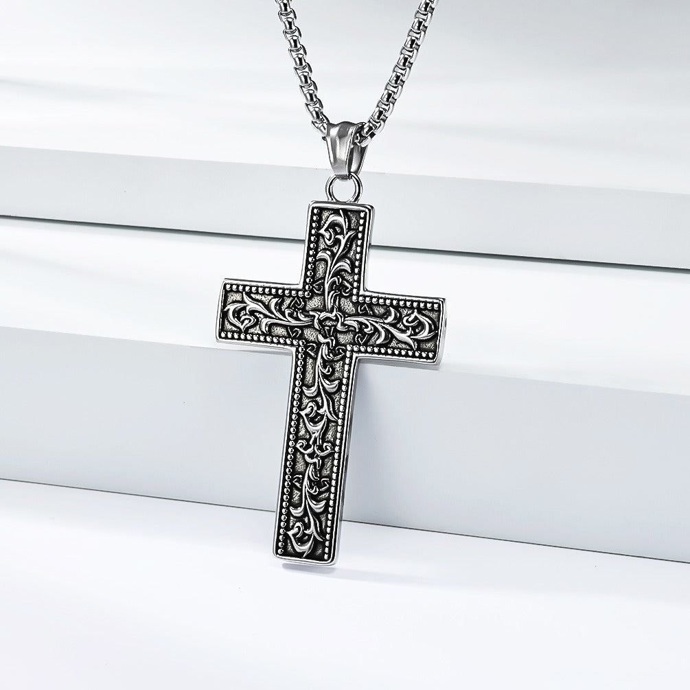 Kemstone Vintage Floral Engraved Cross Stainless Steel Pendant Necklace for Men K-PT703