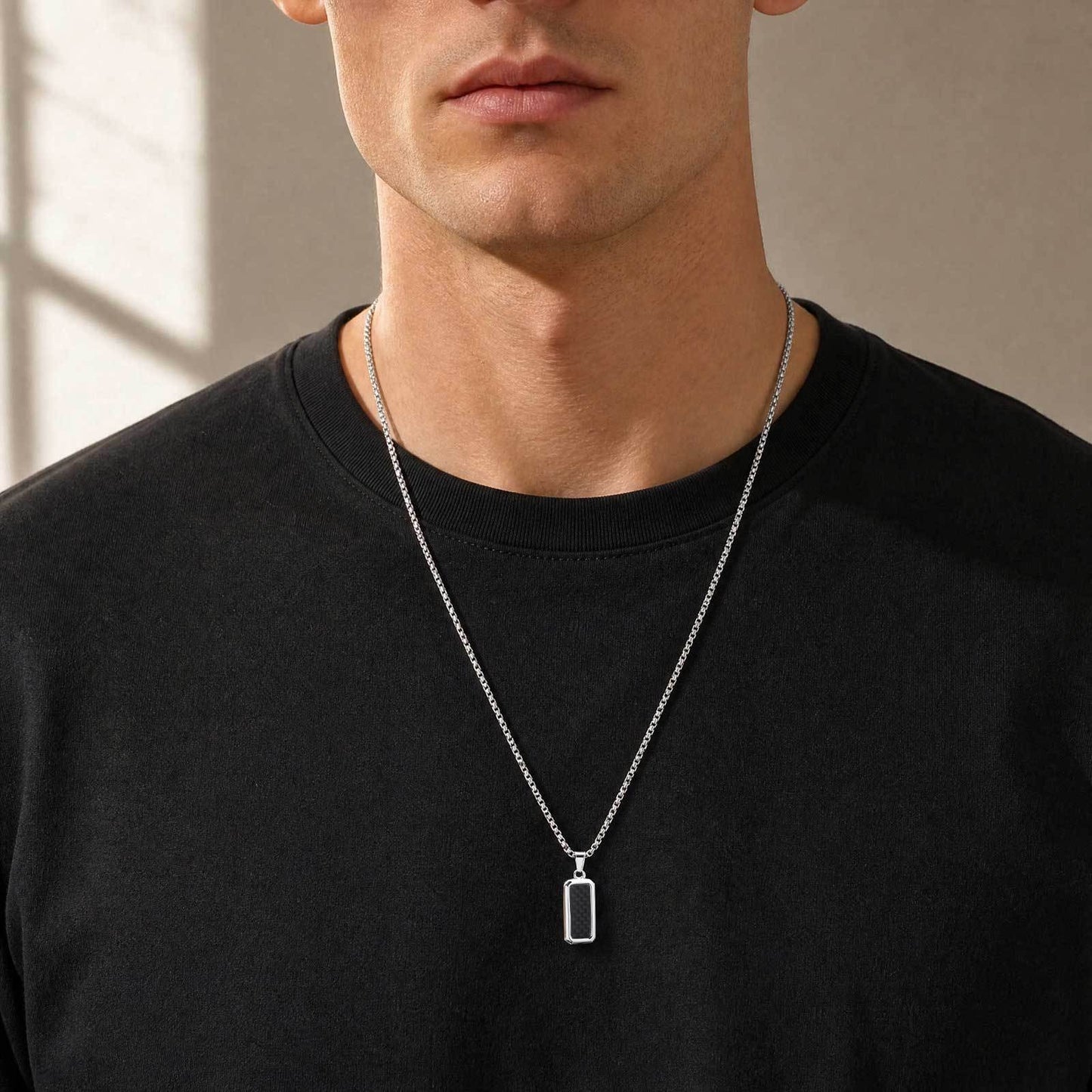 Kemston Carbon Fiber Pendant Necklace for Men Stainless Steel Black Rectangle Design PN-2319