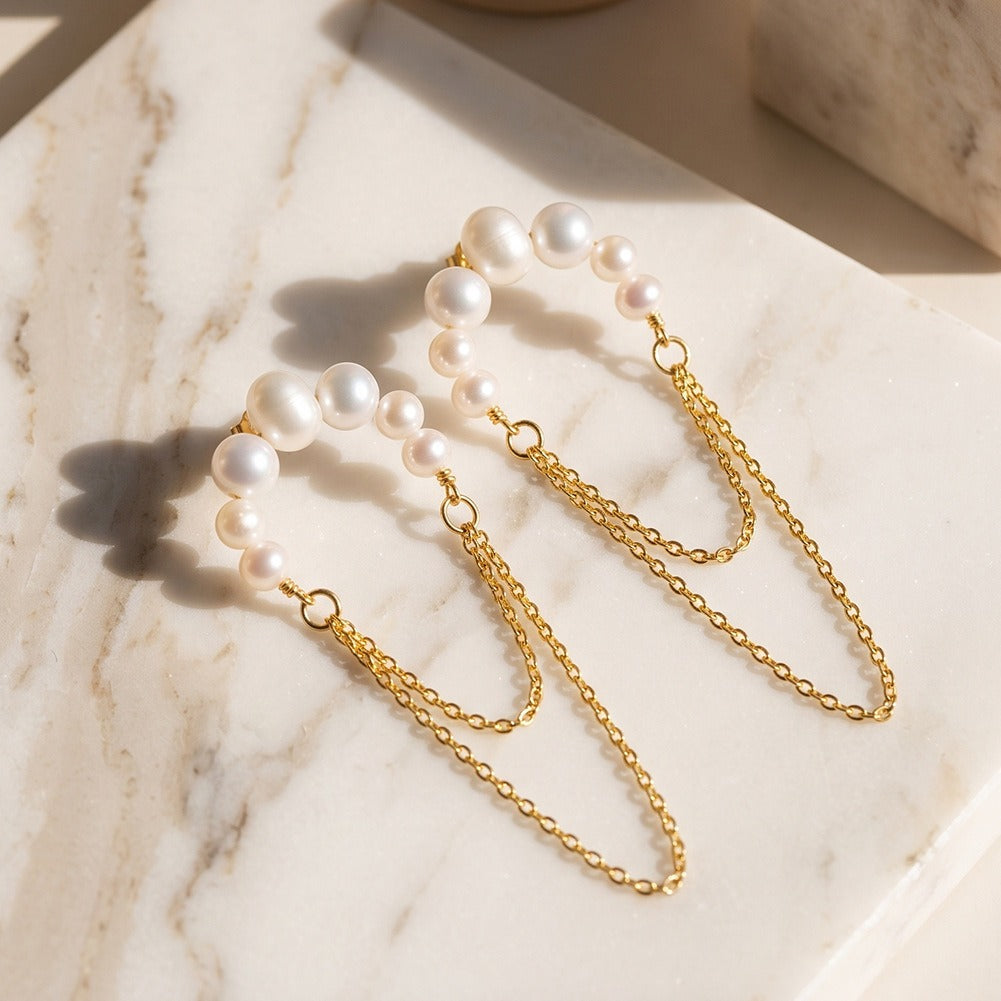 Kemstone Freshwater Pearl Chain Drop Earrings for Women 925 Sterling Silver GPE162