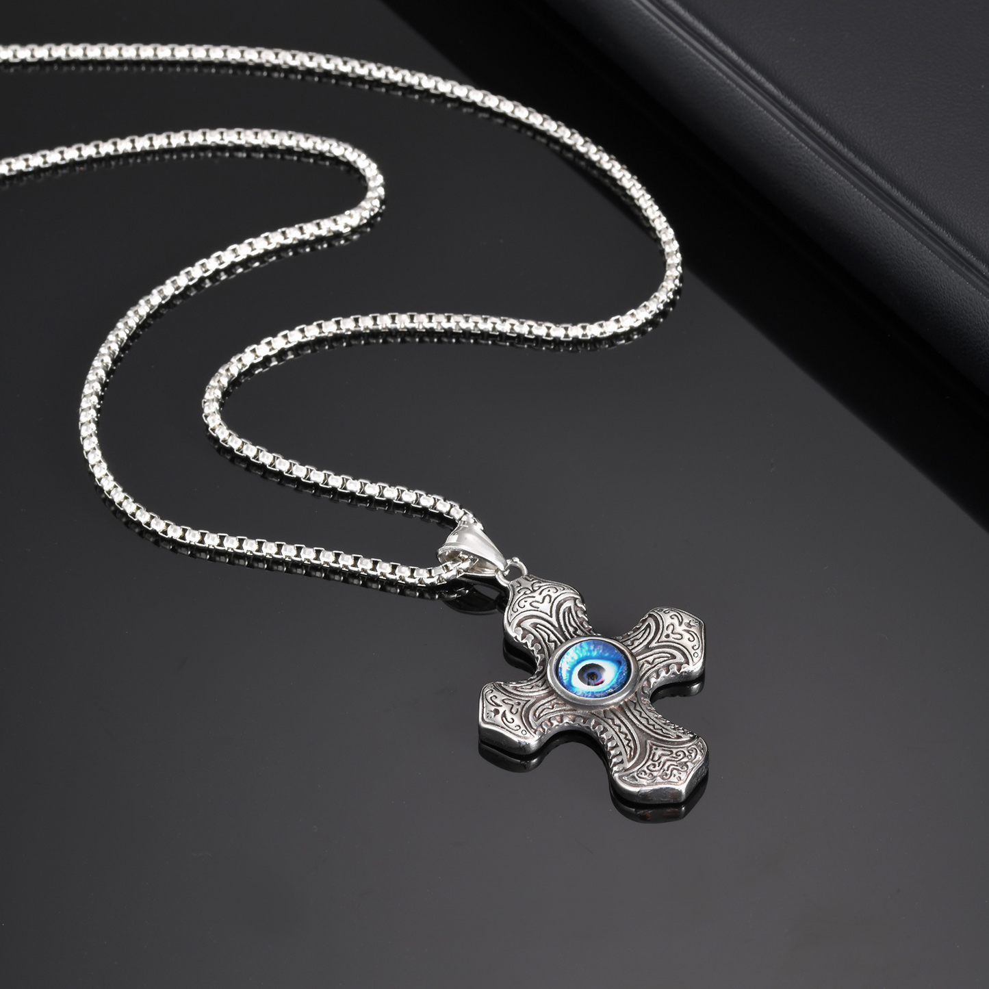 Kemstone Stainless Steel Cross Pendant Necklace – Blue Symbol Detail for Men PN-2150