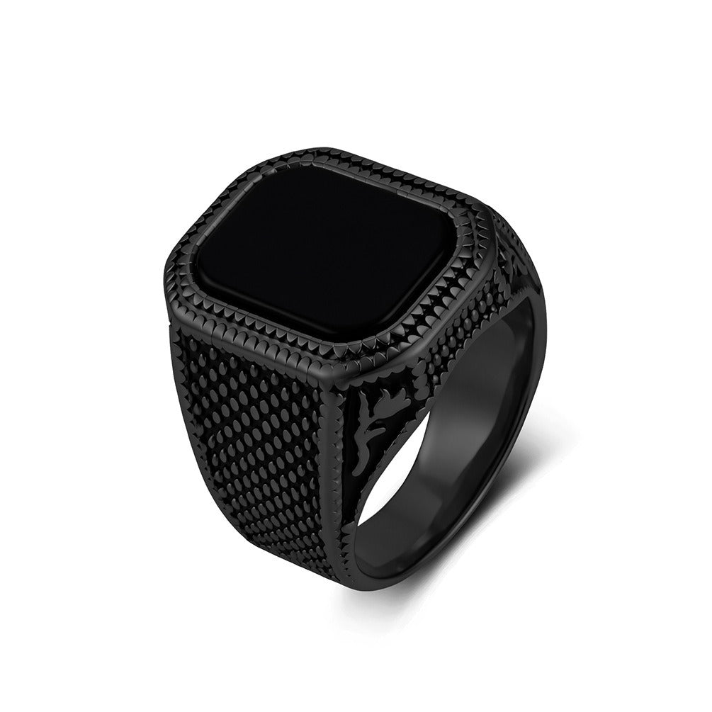 Kemstone Black Stone Signet Ring for Men Stainless Steel Textured Wide Band Vintage K-R1210