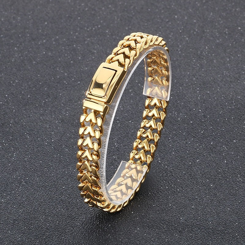 Kemstone Men’s Gold Heart-Link Chain Bracelet – Polished Stainless Steel Gothic Street Jewelry KB182583-KJX