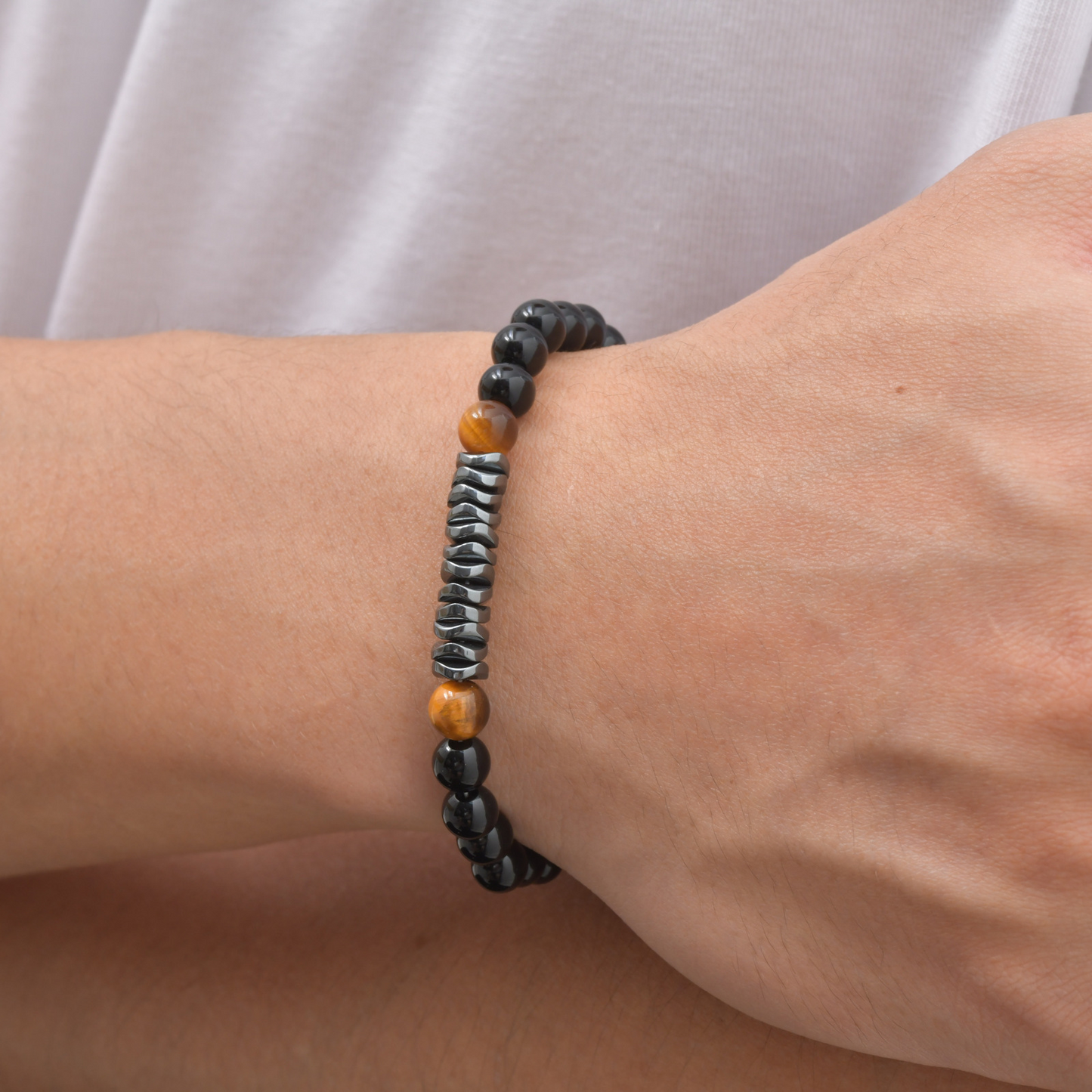 Kemston Stainless Steel Tiger Eye Beaded Bracelet for Men Black Onyx Hematite Stone Adjustable BR-2919
