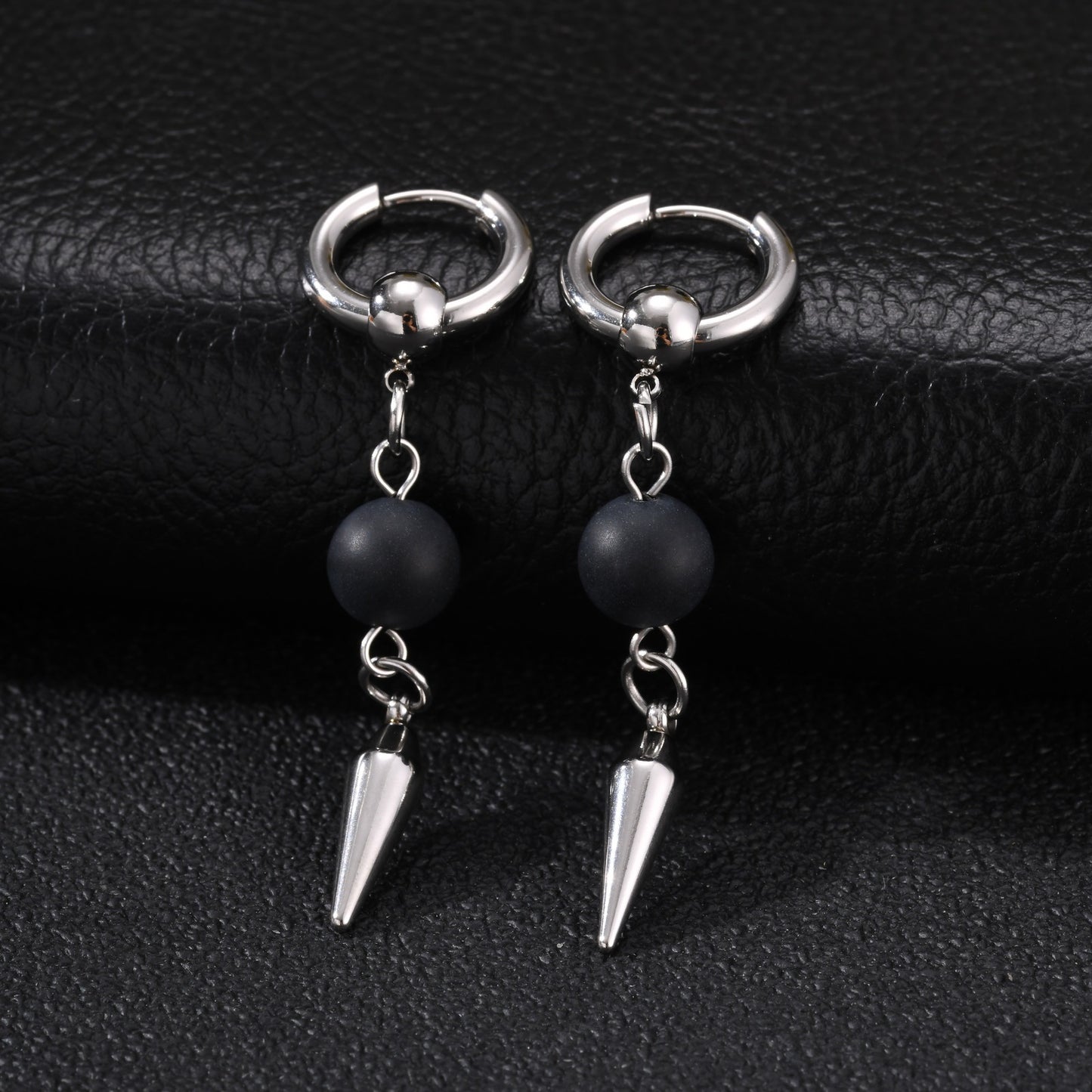 Kemstone Black Agate & Pin Inspired Spike Drop Earring for Men Stainless Steel ED-1075