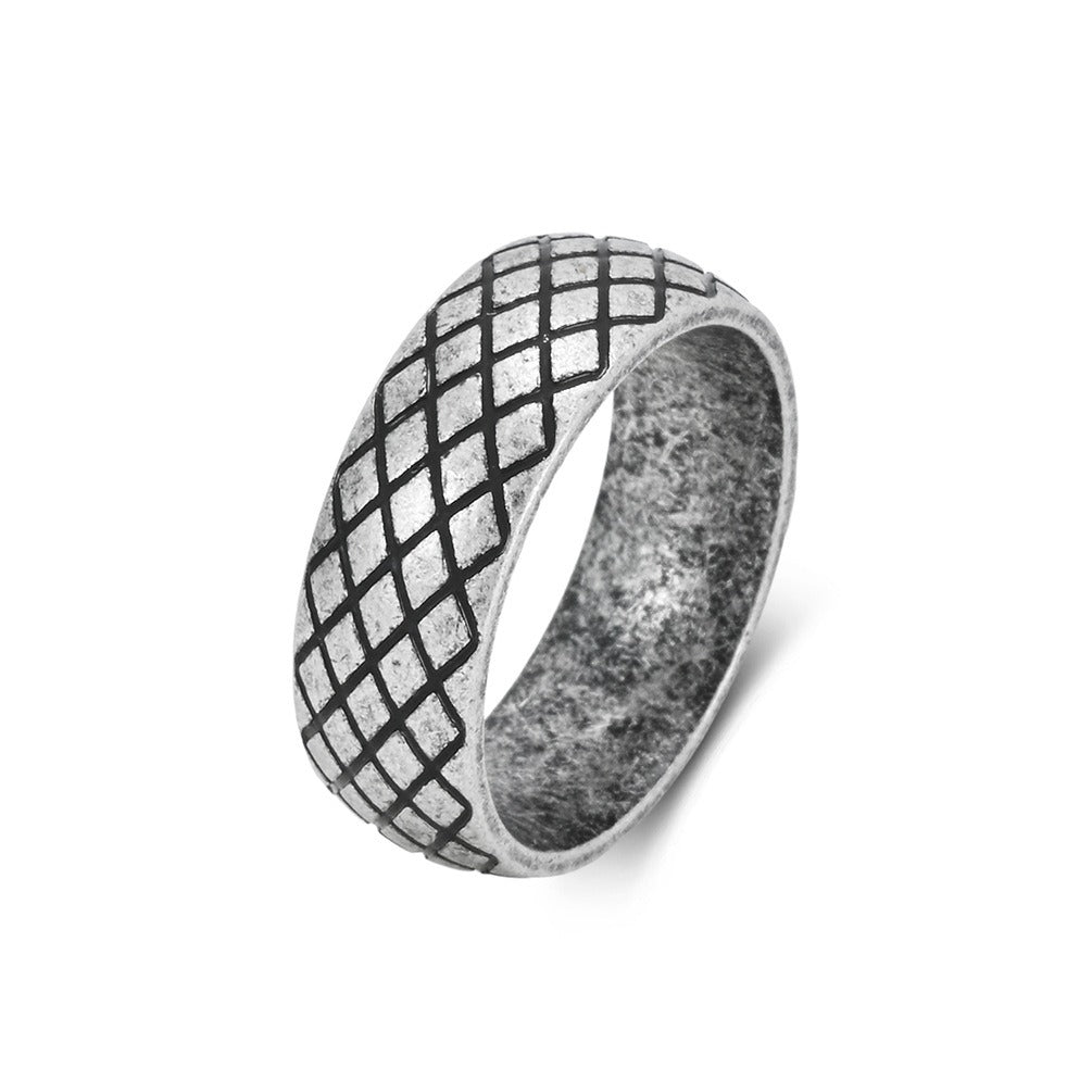 Kemstone Stainless Steel Geometric Grid Ring for Men 8mm Vintage Textured Pattern K-R1183