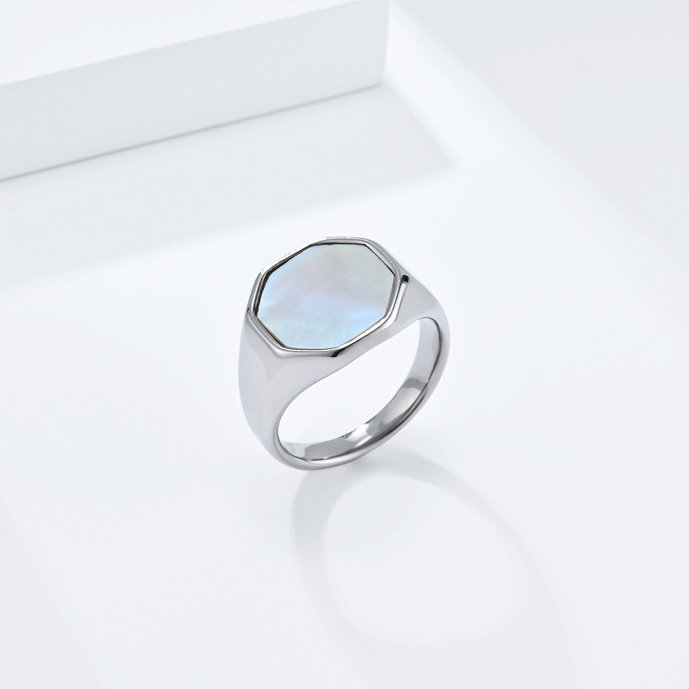 Kemstone Shell Inlay Ring for Men & Women Stainless Steel Hexagon Design K-R793