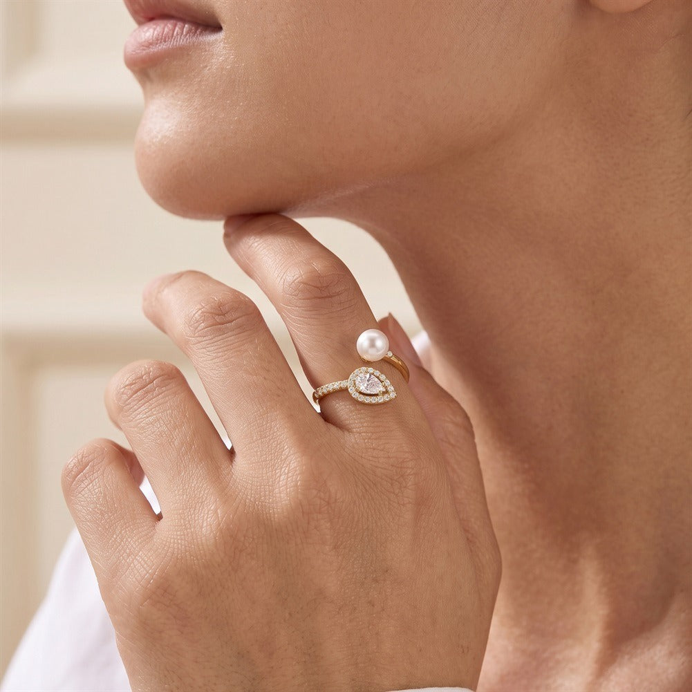 Kemstone Pearl Open Ring for Women 925 Sterling Silver Pear Cut Cubic Zirconia A4-PSR02