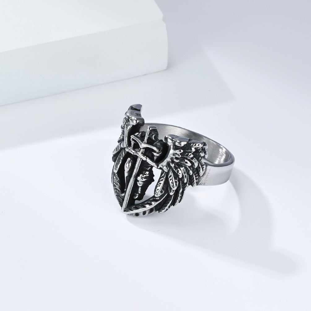 Kemstone Saint Michael Archangel Wing Ring – Stainless Steel Vintage Guardian Design for Men K-R1110