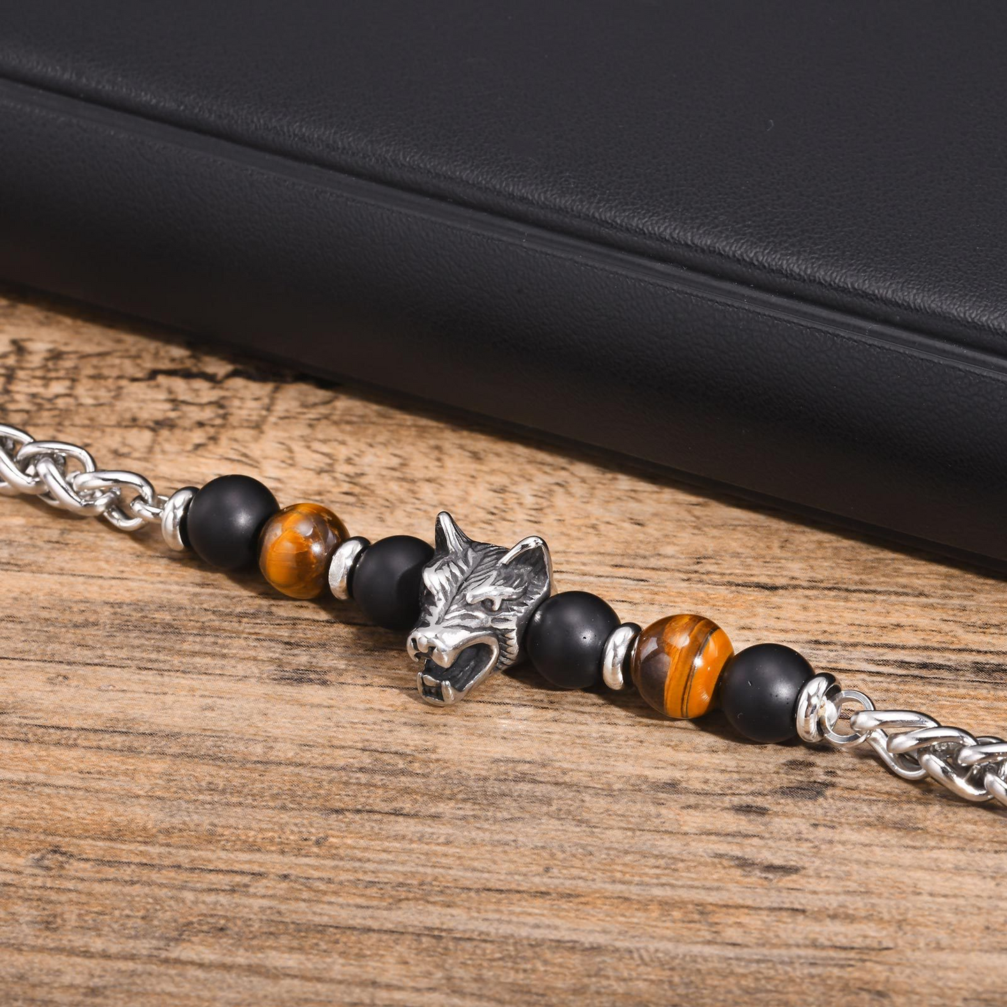 Kemstone Wolf Head Bracelet for Men Stainless Steel Tiger Eye Bead Bracelet BR-1904
