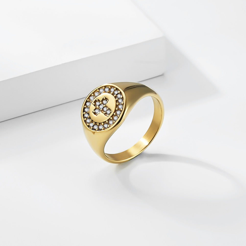 Kemstone Stainless Steel Cross Signet Ring with Cubic Zirconia Halo for Men & Women Gold Silver K-R1139