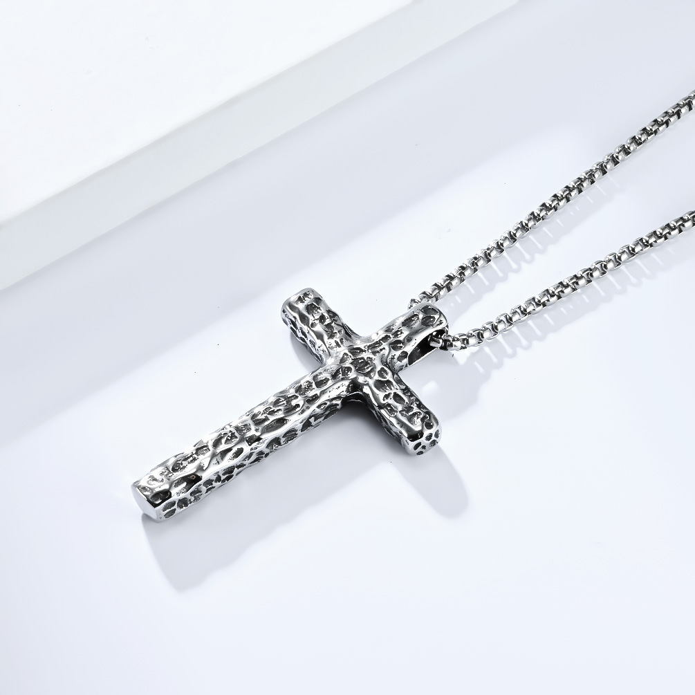 Kemstone Stainless Steel Cross Pendant Necklace for Men Hammered Textured Vintage K-PT504