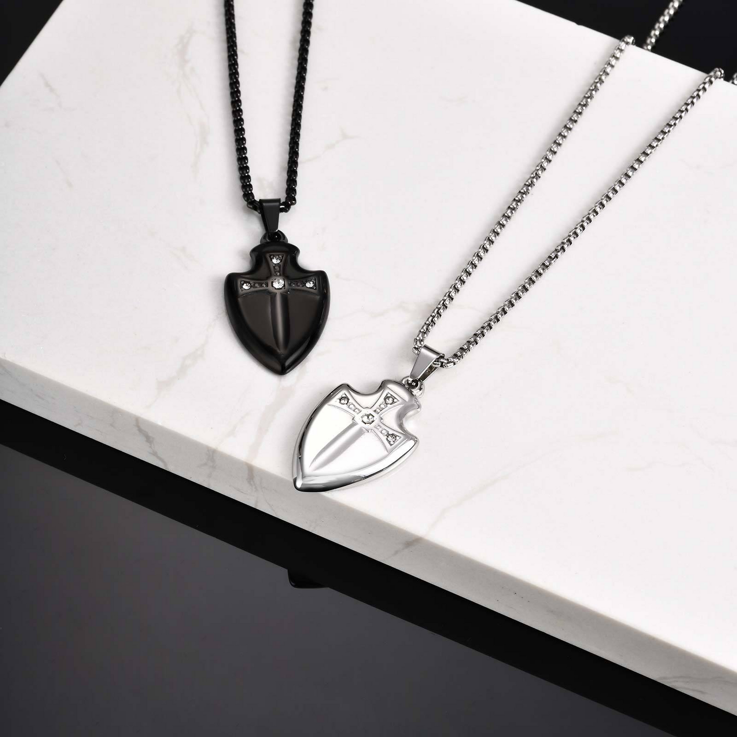 Kemstone Stainless Steel Shield Pendant Necklace for Men Cubic Zirconia Sword Design PN-2177