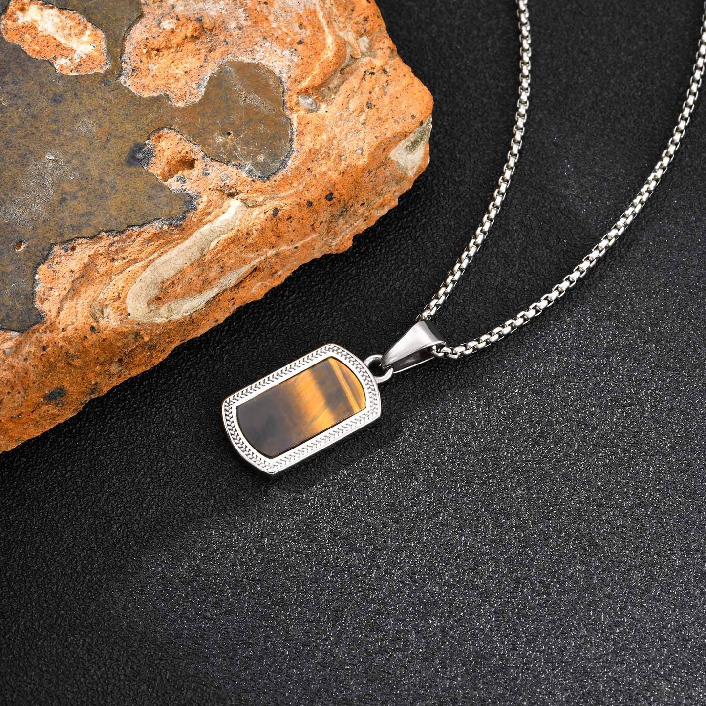 Kemstone Stainless Steel Tiger Eye Pendant Necklace for Men – Silver Hip Hop Jewelry PN-2162