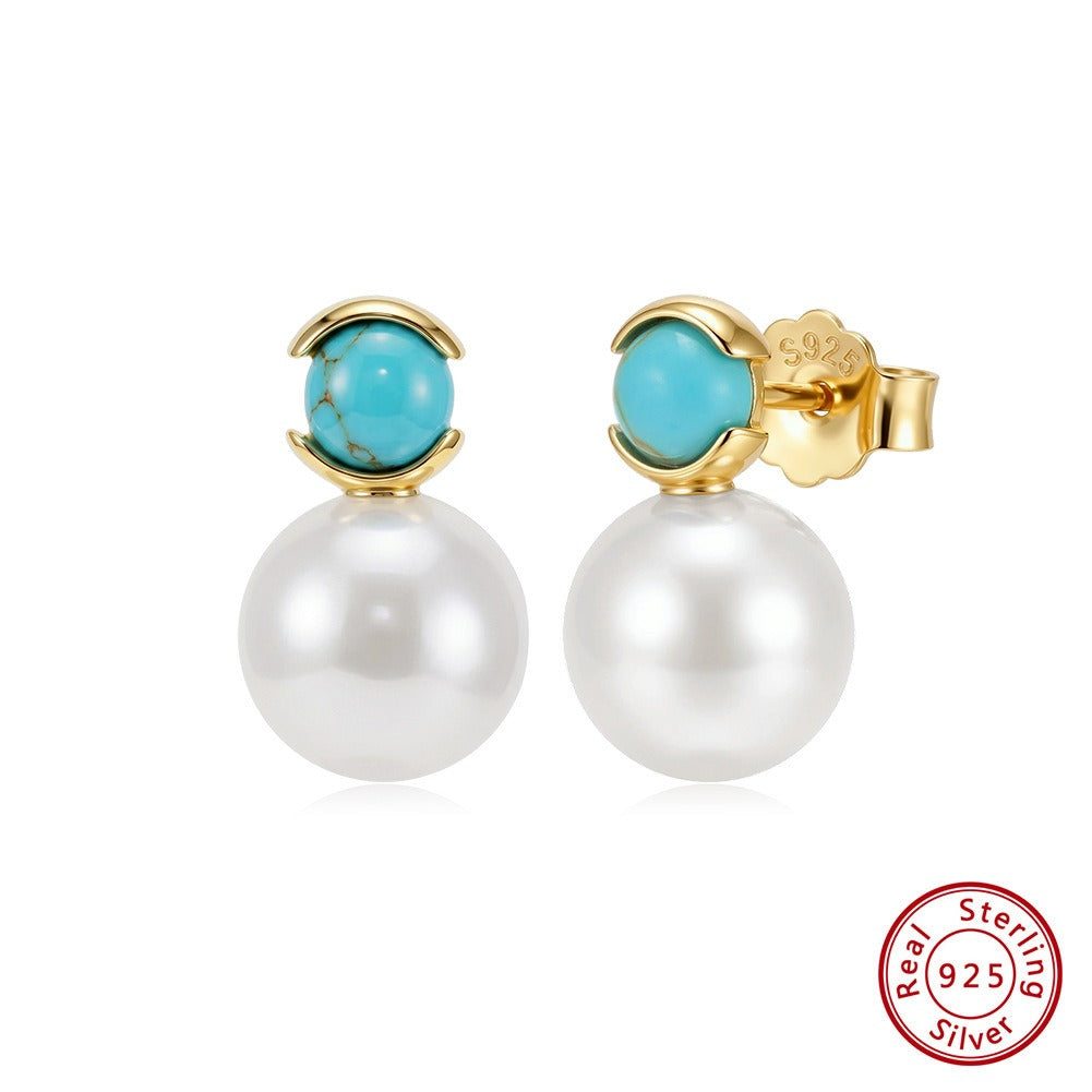 Kemstone Turquoise Freshwater Pearl Stud Earrings for Women 925 Sterling Silver MPE08
