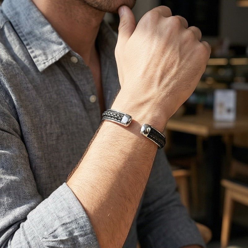 Kemstone Stainless Steel Braided Leather Open Cuff Bracelet for Men Minimalist Casual Wrist Bangle KB97554-BD