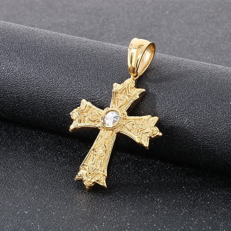 Kemstone Titanium Steel Gothic Cross Pendant Necklace for Men – Heart Cubic Zirconia KP115573-KJX