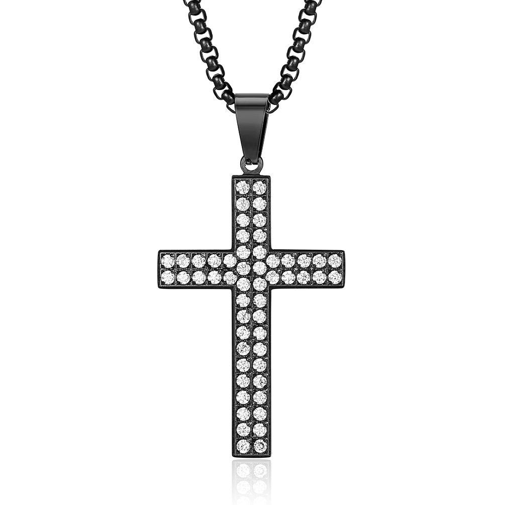 Kemstone Titanium Steel CZ Cross Necklace – Full Pave Cubic Zirconia Pendant for Men & Women K-PT477