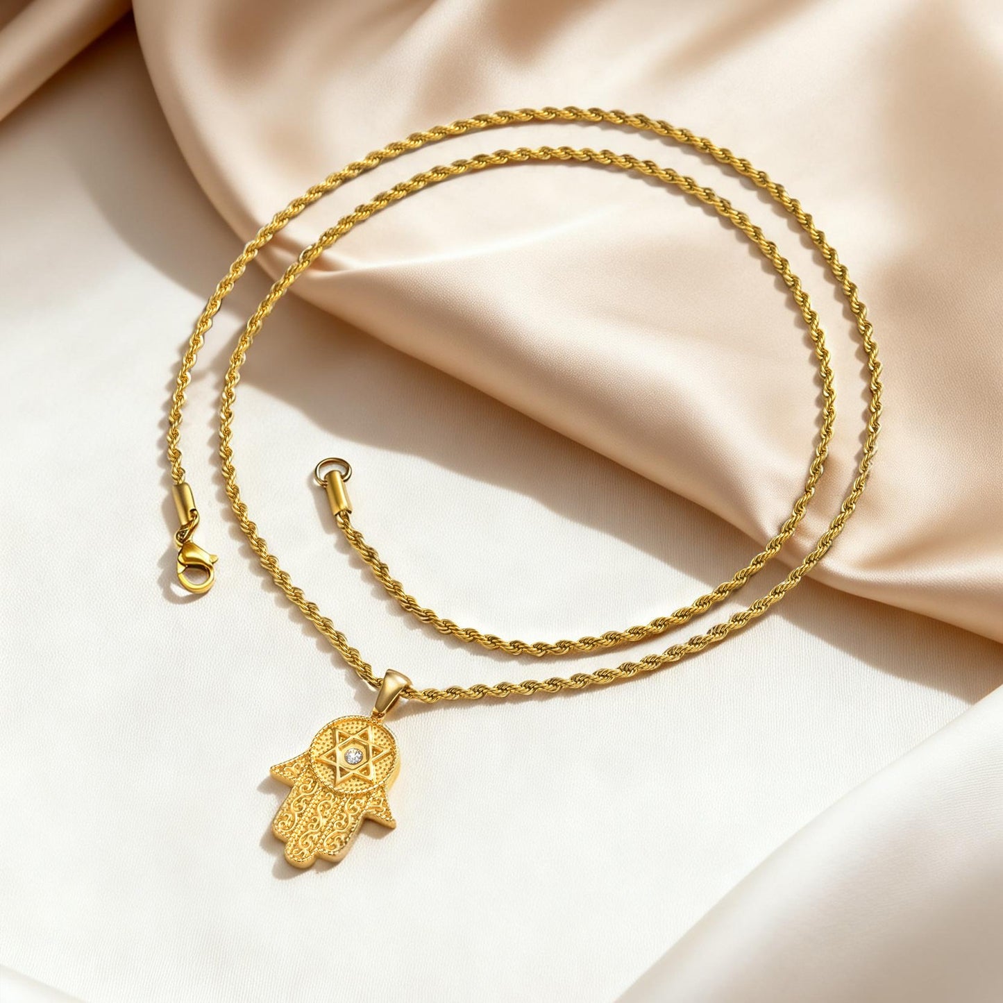 Kemstone Hand Pendant Necklace Gold Plated Stainless Steel Star Symbol Cubic Zirconia for Men Women PN-2337