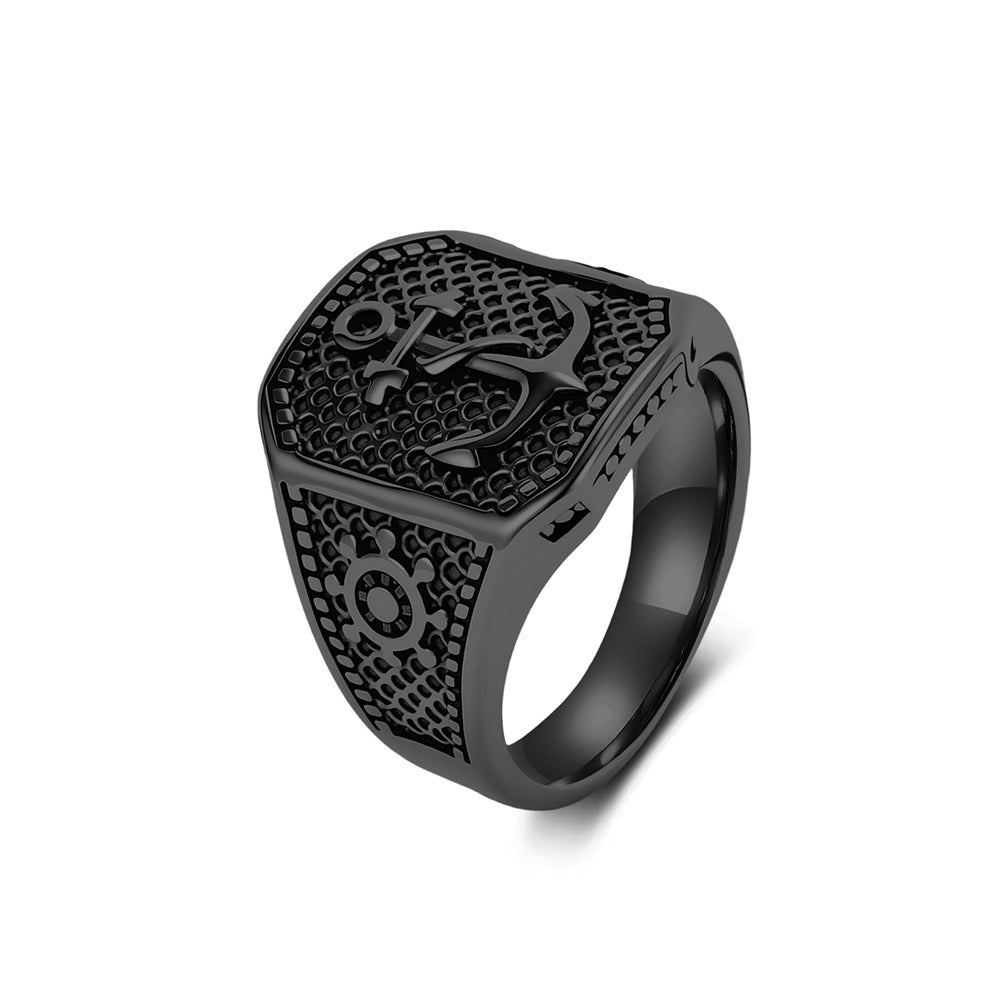 Kemston Vintage Anchor Ship Wheel Signet for Men Stainless Steel Nautical Engraved K-R1185