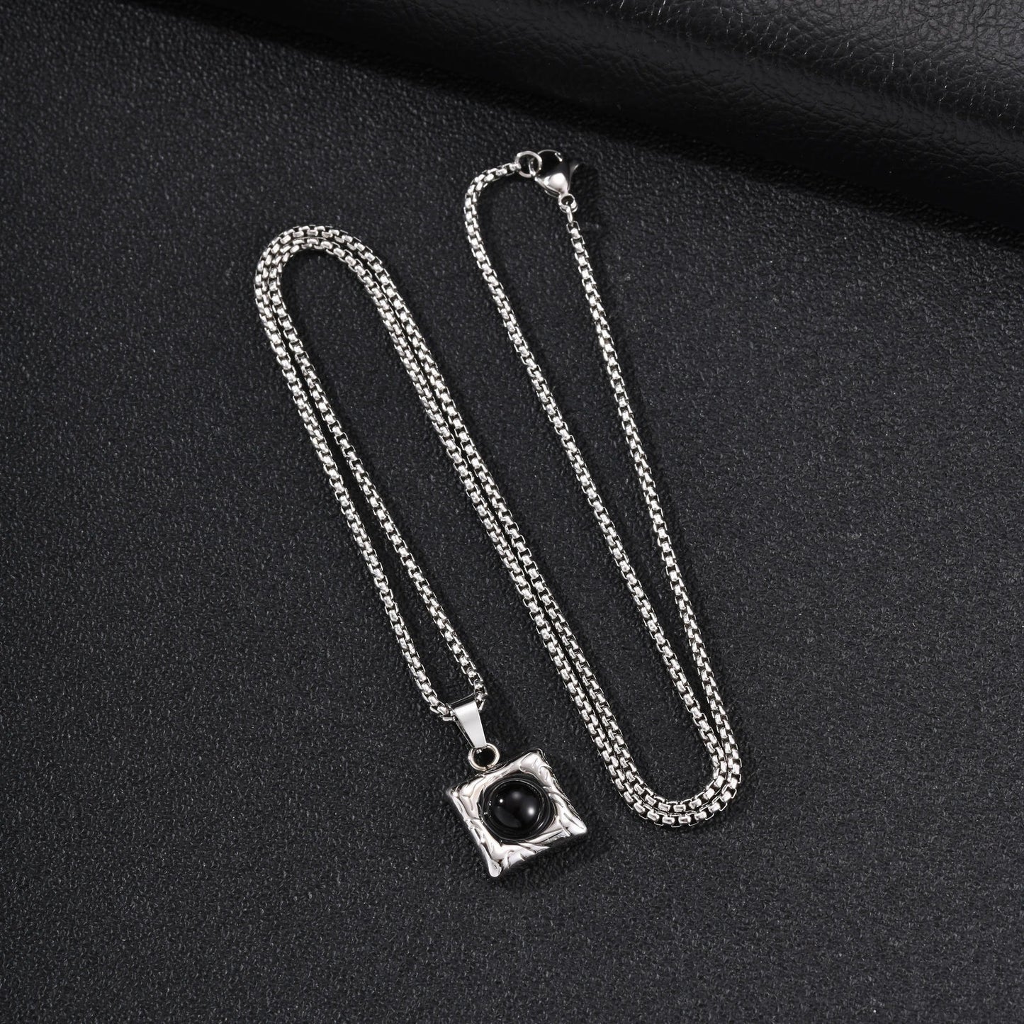 Kemston Stainless Steel Black Onyx Square Pendant Necklace for Men Minimal Stone Design PN-2421