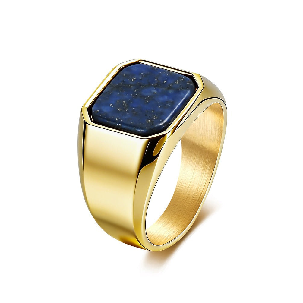 Kemstone Signet Ring for Men Titanium Steel Square Blue Black Stone Inlay KR1138