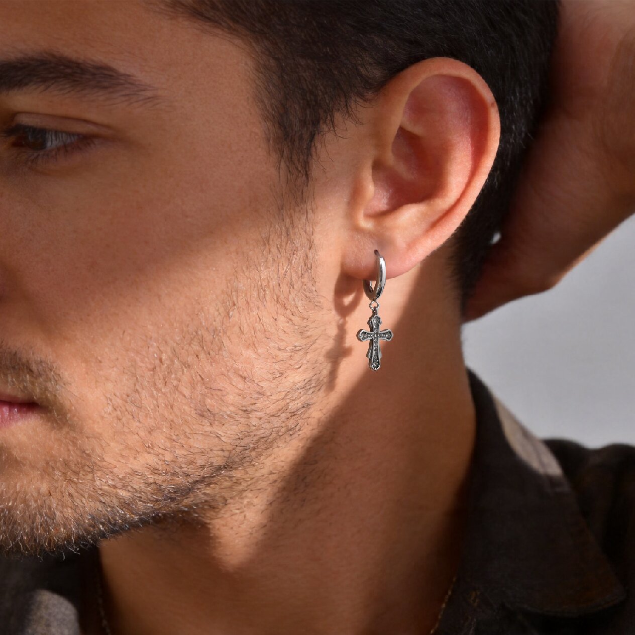 Kemstone Stainless Steel Cross Hoop Earring for Men Cubic Zirconia Inlay ED1089
