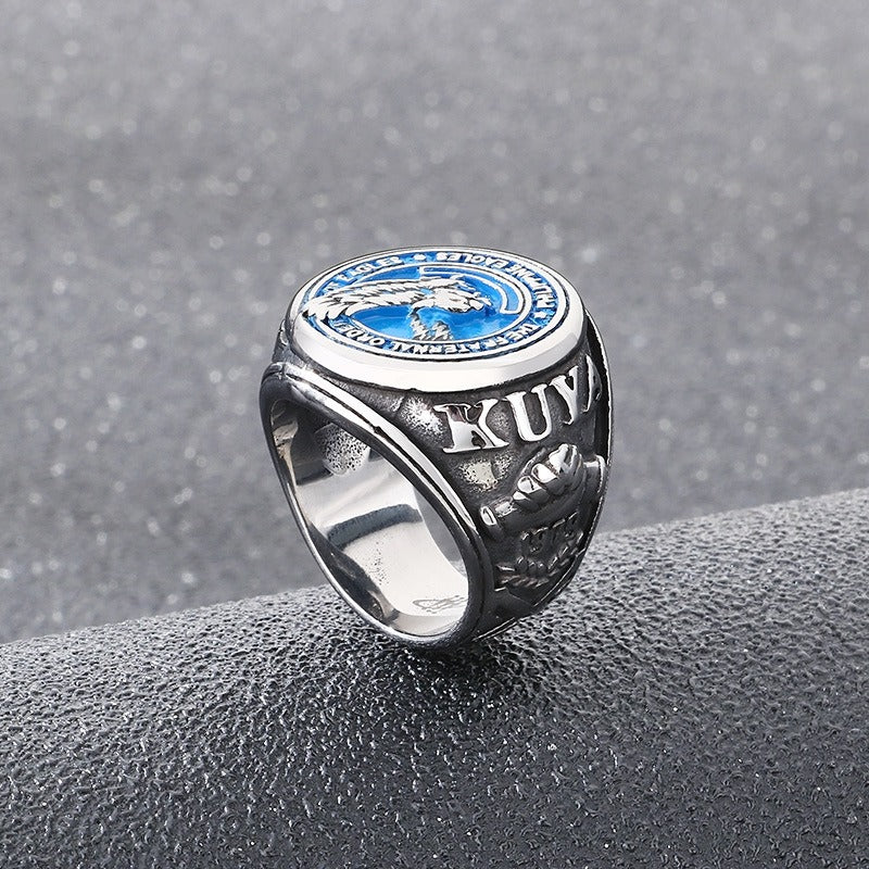 Kemstone Titanium Steel Eagle Ring – Blue Enamel Vintage Signet Jewelry, Symbol of Freedom KR114201-LU