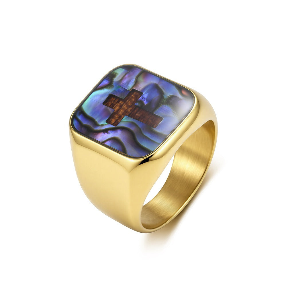 Kemstone Abalone Shell Cross Signet Ring for Men Stainless Steel K-R1239