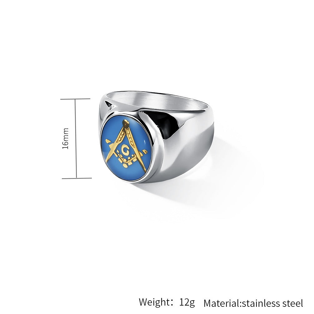 Kemstone Stainless Steel Freemason Blue Emblem Signet Ring for Men Vintage Symbol K-R1182